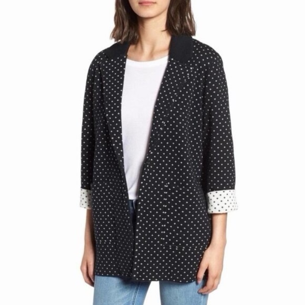 J Crew 365 Sophie Open Front Cardigan Blazer Navy Micro Print Size S polka dot